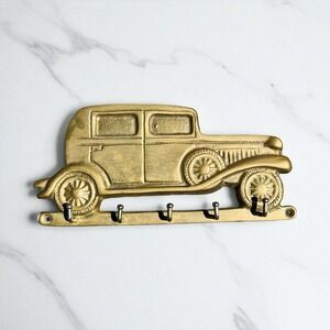 Vtg FOUNDRY Solid Brass Car Hook Key Holder Wall Hang Mount Plaque Rustic Decor